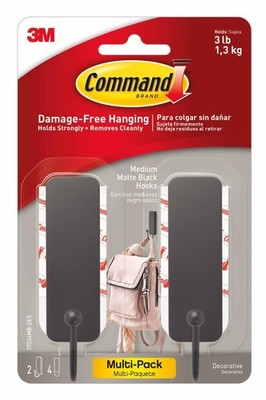 Medium Matte Black Wall Hook, 2 Coat Hooks and 4 Strips, Damage-Hanging with ...
