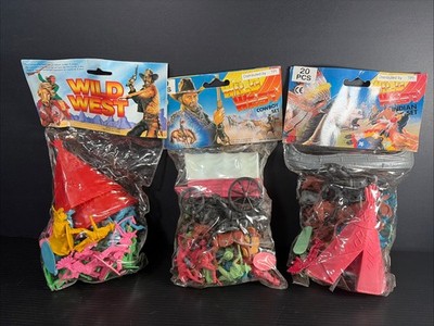 3 Wild West Cowboy Set Small 2'' Plastic Figures NEW Sealed Horses Wagon Cowboys