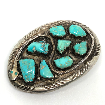 Vintage large Zuni sterling Silver and Turquoise Snake Belt Buckle. Vintage Zuni sterling silver snake belt buckle with  main image 4