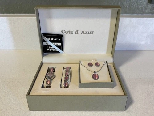 Cote d' Azur Woman's Pink Silver Tone Watch, Bracelet, Necklace, Earrings Set