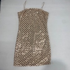 PrettyLittleThing Rose Gold Sequin Bodycon Dress Mini Diamond Pattern Strappy 6