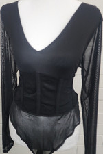 Black Mesh Long Sleeve Semi-Transparent Stretch Bodysuit Women Size L