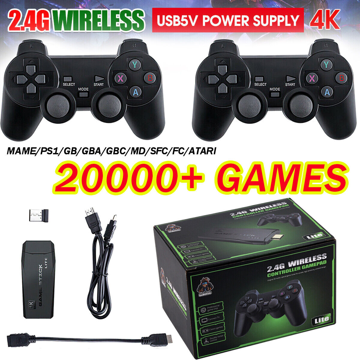 HDMI 4K TV Game Stick Console Built-in 64GB 20000+Retro Games+2 Wireless  Gamepad