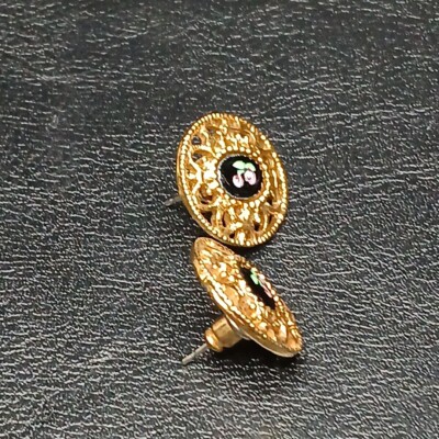 Vintage Brand 1928 Pierced Earrings Black Enamel W/ Flower. 11/333