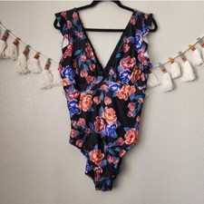Modcloth Kelsie Floral Flutter Ruffle Sleeve One Piece Padded Swimsuit XL Beach