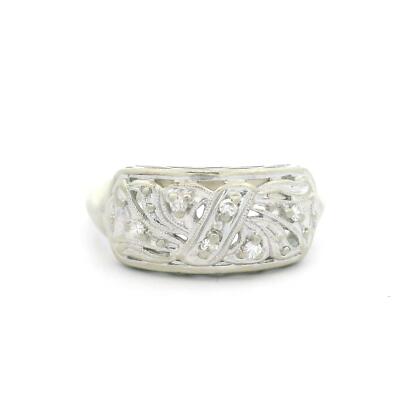 Vintage 14k Weißgold 0,06ctw Diamant Milgrain durchbrochen florales Design Ring