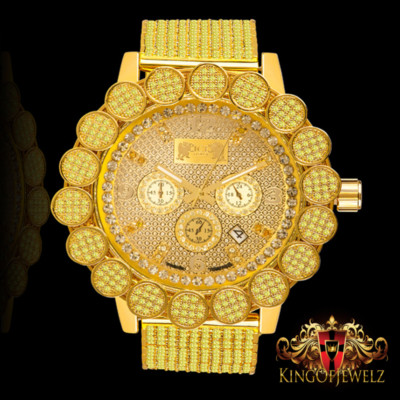 Montre Homme Ice House Luxe - Boîtier Or Jaune, Lunette Pavée Diamants, Mouvement Quartz Japon - Neuf Avec étiquettes