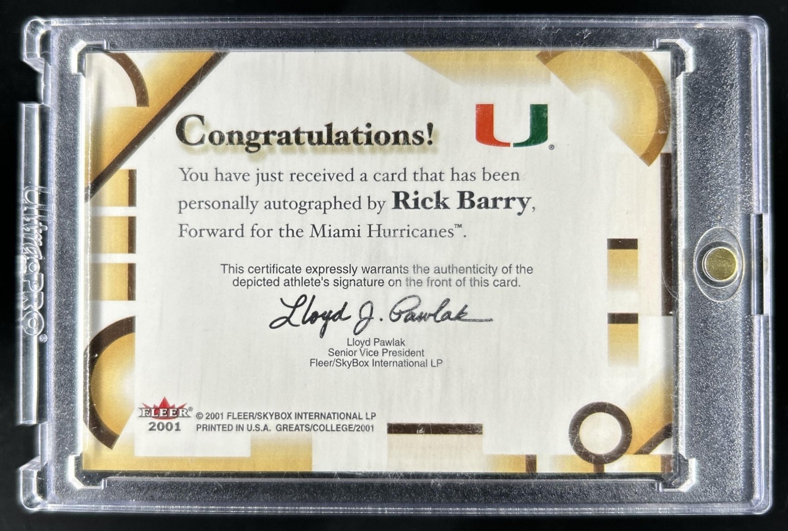 2001-02 Fleer Greats of the Game Rick Barry Auto Autograph #/200 Tar Heels view 2