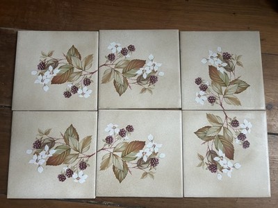 6 x Vintage Pilkington Wandfliesen (3 x PAAR) Brombeeren & Blüte 6 x 6'' UNBENUTZT
