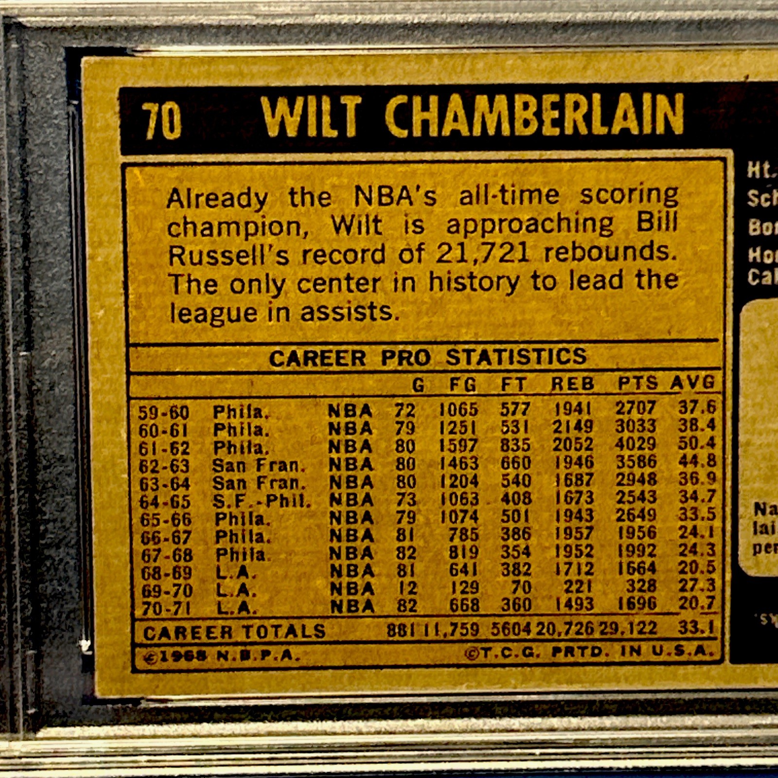 1971 WILT "the stilt" CHAMBERLAIN #70 Basketball Card Lakers PSA 4 VG-EX 100pts+ view 7