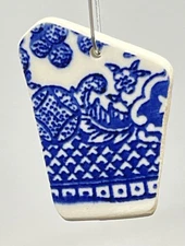 Tumbled Sea Glass Pottery Drilled Pendant Blue Willow Japanese Flower lot1779