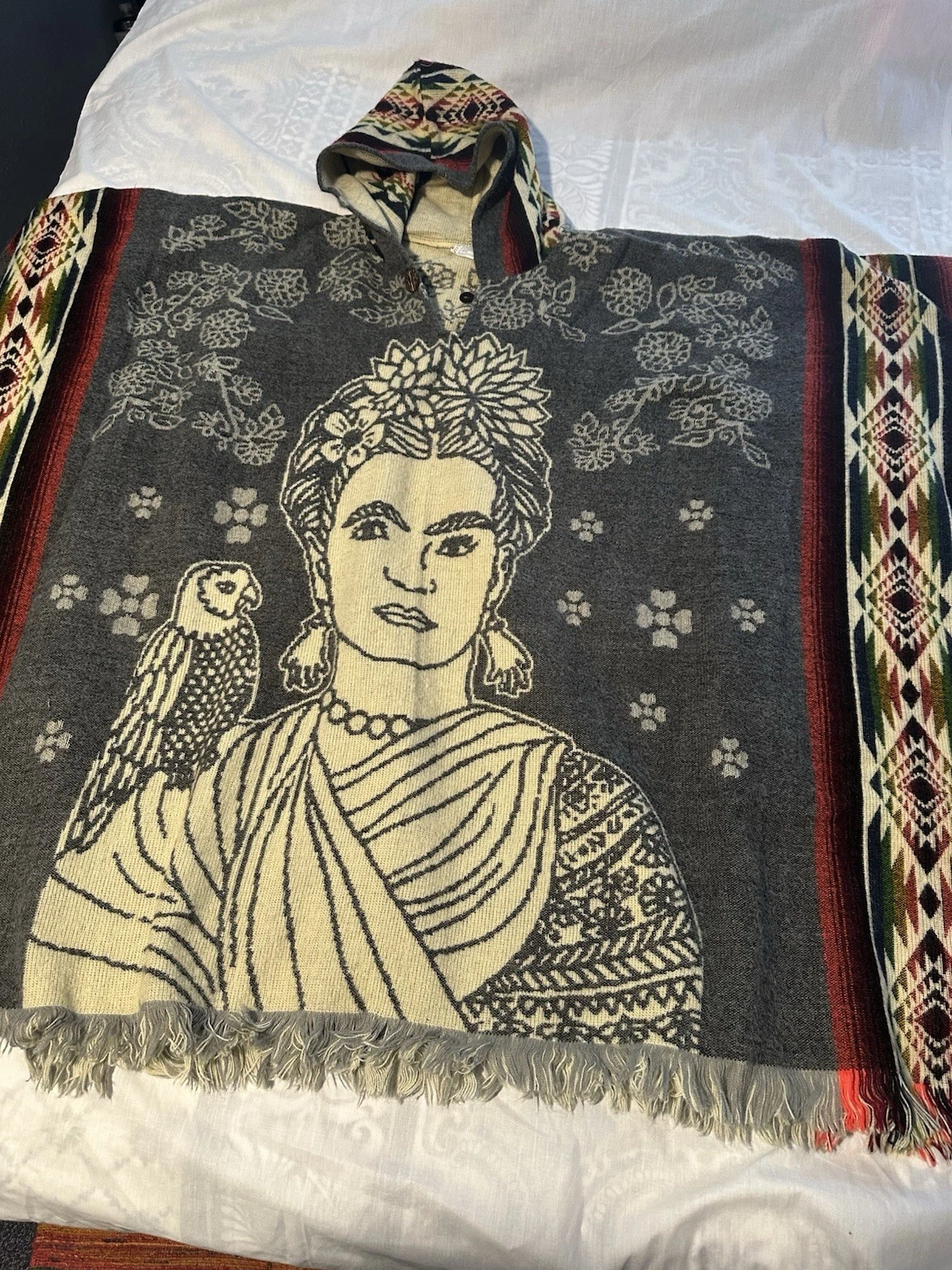 Frida Kahlo Poncho Women's One Size With Hood Made In Ecuador