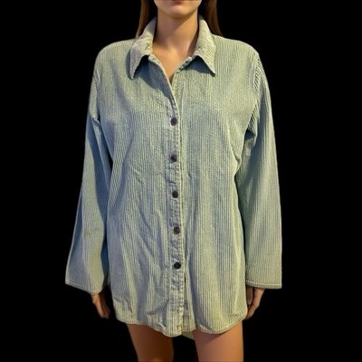 J.Jill Women M Green Wide Whale Corduroy Long Sleeve Button Up Shirt Cotton VTG