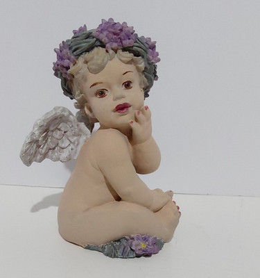 WBI Inc. 1993 Heavenly Angel Clay Resin Cherub 6'' Hand On Chin Violet Crown VTG