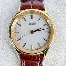 CITIZEN Eco-Drive Solar Watch Unisex Gold Frame Leather Band Pre-owned Good Cond