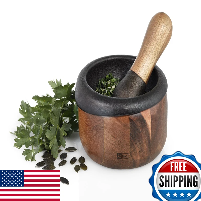 Adhoc Mo20 Crush Pestle Mortar Cast Iron/Acacia Wood Spice Grinder/Herb Grinder