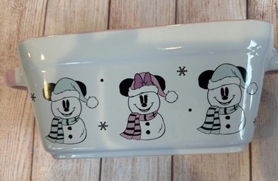 Disney Minnie & Mickey Snowman Winter Ceramic Baking Loaf Bread Pan Dish NEW