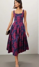 Mac Duggal Midi Dress Blue Navy Pink Floral Brocade Gown Jacquard A Line Size 2
