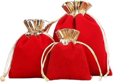 10Pcs Red Velvet Bags with Drawstrings Gold Trim Velvet Jewelry Pouches for Jewe