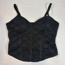 Womens Small Black Lace Corset Top Underwire Bustier Boned Crop Cami Whimsigoth