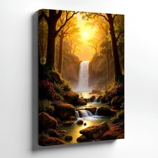 Wall Art Forest Waterfall Landscape Canvas Print Sunlit Stream Nature Decor