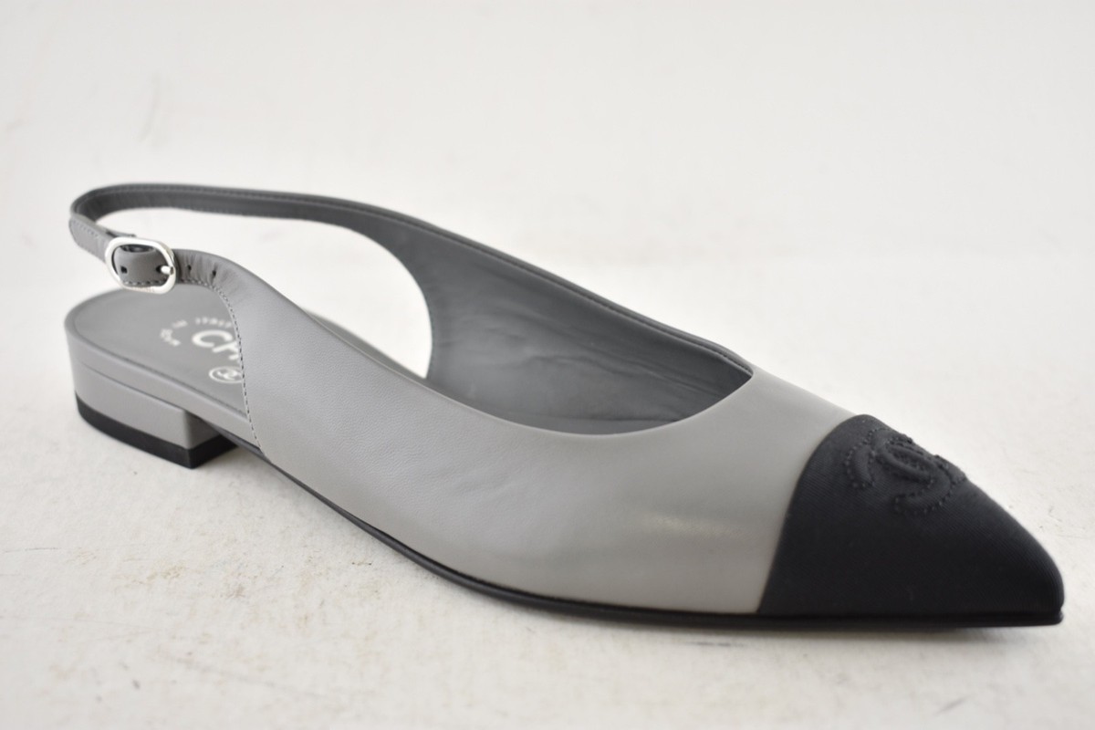Chanel 24A Gray Leather Black CC Logo Coco Slingback Pointed Toe