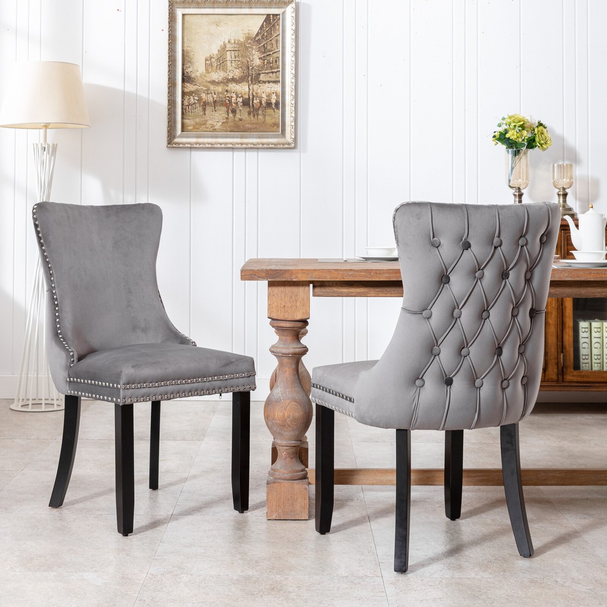 Set of Velvet Upholstered Dining Chairs with Nailhead Trim