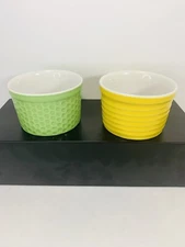 Two Indoor Outfitters Ramekins - Green & Yellow - Made In Portugal. Oven Safe