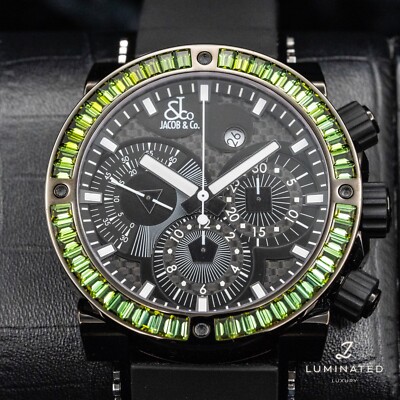 JACOB & CO EPIC II BLACK Chronograph Green Gem set  46MM - 36k MSRP