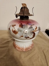 Vintage Hand Painted Floral Milk Glass Oil Lamp With #2 Size Burner