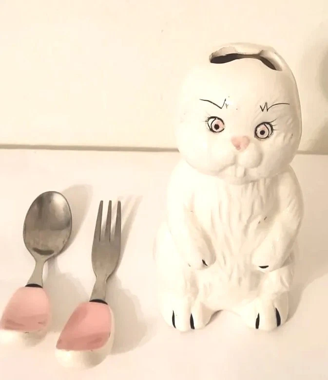 ВИНТАЖНЫЙ пасхальный детский керамический кролик с ложкой/вилкой посудой ушами. Тайвань - Изображение 2 из 4