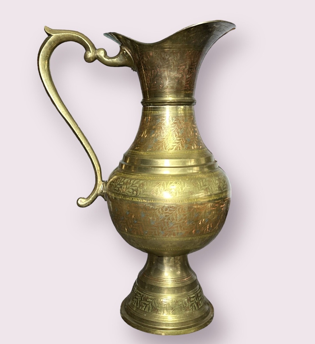 Vintage Large Solid Brass Pitcher With Ornate Chased Etched