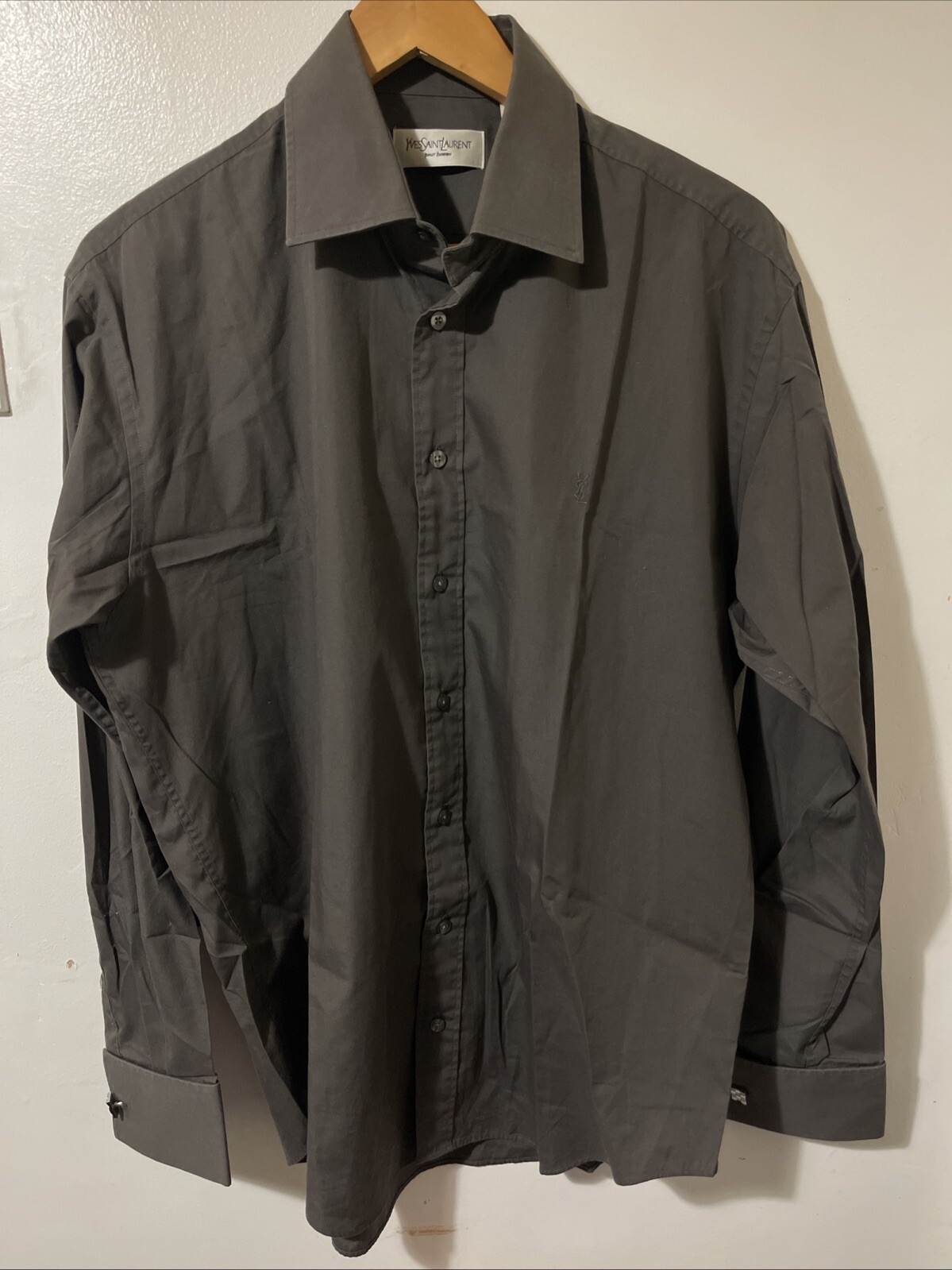 Camicia Yves Saint Laurent Vintage L S Grigio Scuro Policotone Taglia 16 40 41 Pit 24”