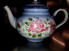 Ancienne Tisanière Métal Emaillé Décor de bouquets de roses  15 cm Usure