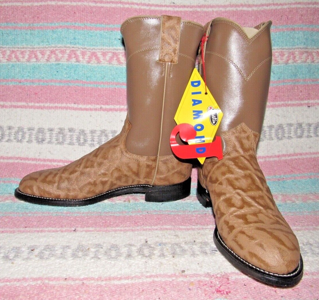 Mens Justin Diamond J Beige Elephant PRINT Leather Roper Cowboy Boots 7 ...
