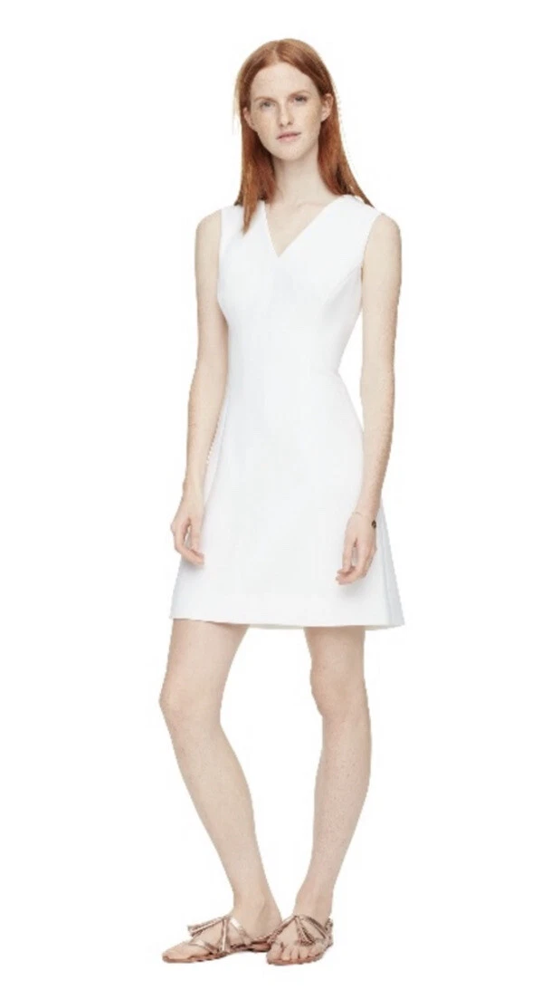 Abito svasato Kate Spade bianco crepe scollo a V aderente taglia 6 nuovo con etichette $298