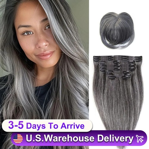 Extensiones de cabello liso con clip de PU sin costuras de sal y pimienta 140 g piel de cabello humano - Imagen 7 de 24
