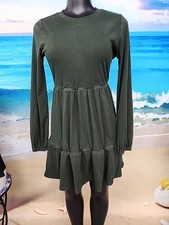 Nwt Flamingals Womens Green Ribbed Long Sleeve Dress Size Small
