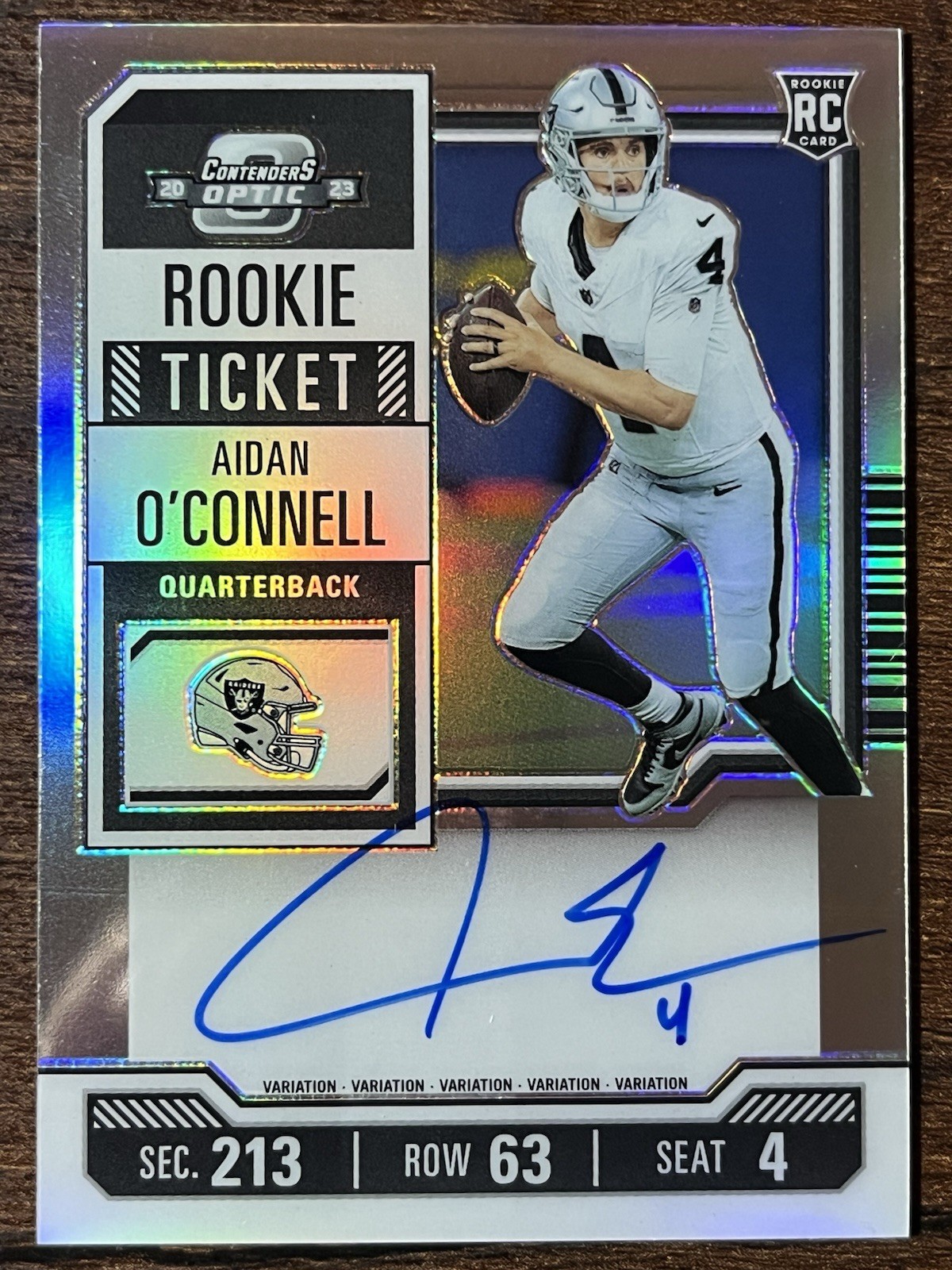 2023 Contenders Optic Aidan O'Connell Rookie Ticket Auto Silver Prizm Variation