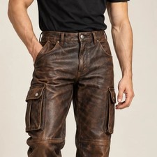 Men's Brown Distressed Genuine Leather Cargo Pants Biker Waxed Leather Trouser