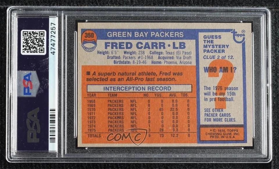 1976 Topps Fred Carr #360 PSA 8 - Image 2 of 2