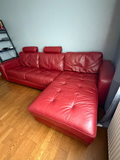 Red Leather Corner Sofa Bed with Headrests, Cushions, Solid Pattern