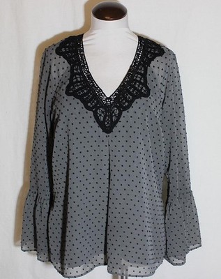 DR2 Daniel Rainn Gray Swiss Dot Blouse Top Black Lace V-Neck sz Medium