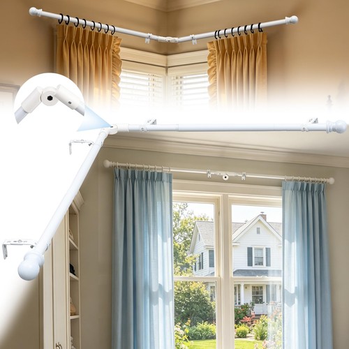 L Shaped Metal Corner Window Curtain Rod Curved Adjustable White 2 PCS - Picture 1 of 8