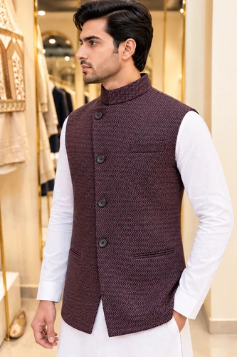 Men's Maroon Jacquard Designer Nehru Jacket - product listing photo
