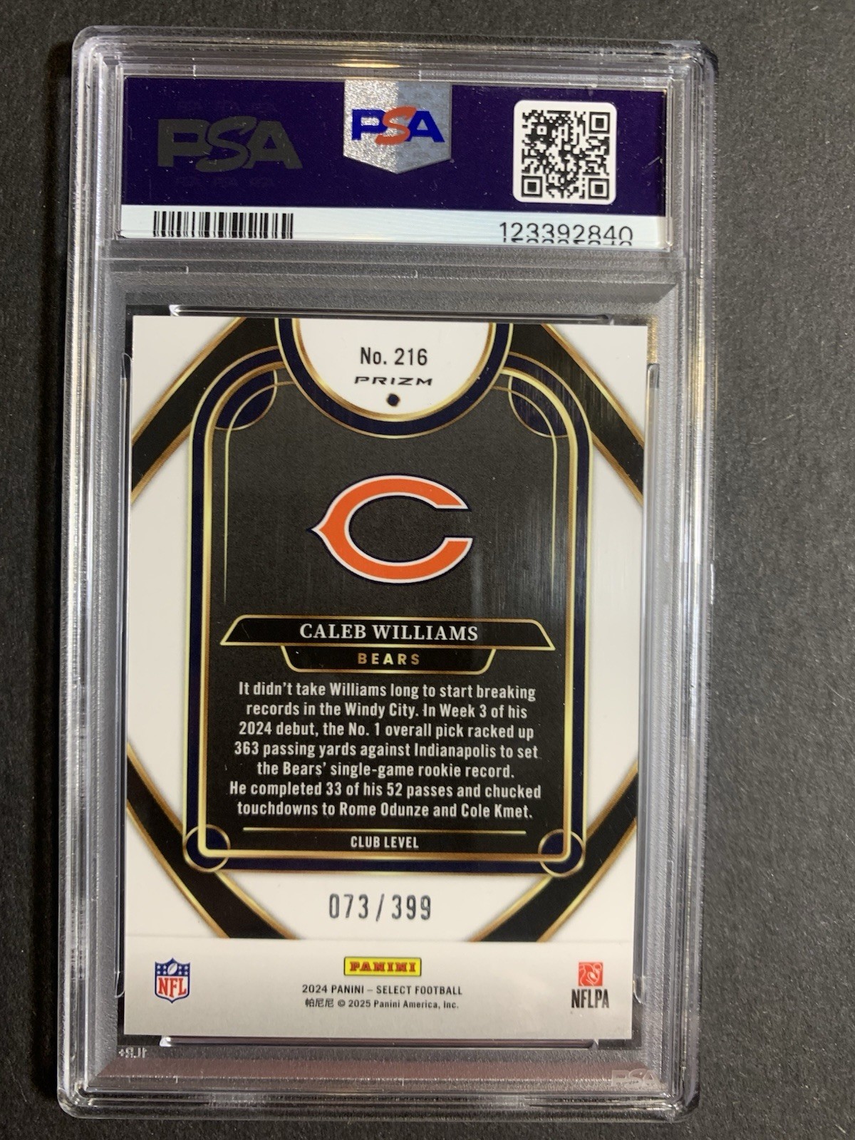 2024 Select Club Level Caleb Williams #216 Orange Shock /399 (RC) PSA 10 GEM view 3