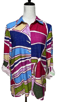 Ali Miles Top Medium Petite Blue Pink Colorful Abstract Button Up Career NWT