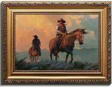 Western Cowboy Gold Framed Wall Art Vintage Horse Rider Oil Painting Prints, ...