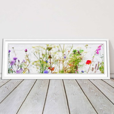 Mehrfarbige Wildblumen auf weißem Hintergrund Panorama gerahmtes Bild Druck