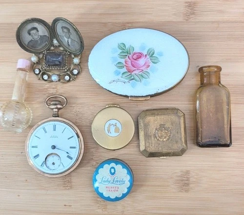 Vintage Compact Lot A W  Waltham Pocket Watch Antique Bottles  & Florenza Frame